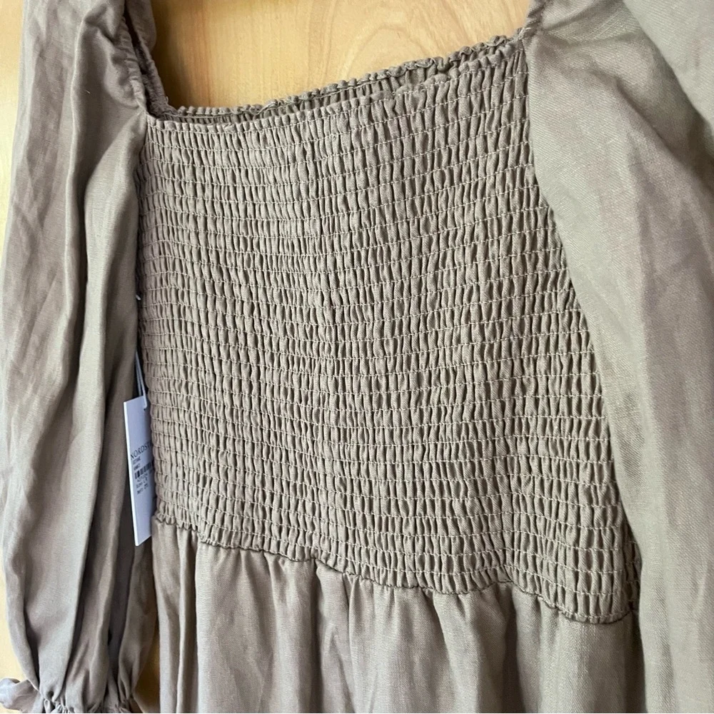 NWT Reformation Gitane Long Sleeve Smocked Linen Midi‎ Dress Khaki Large